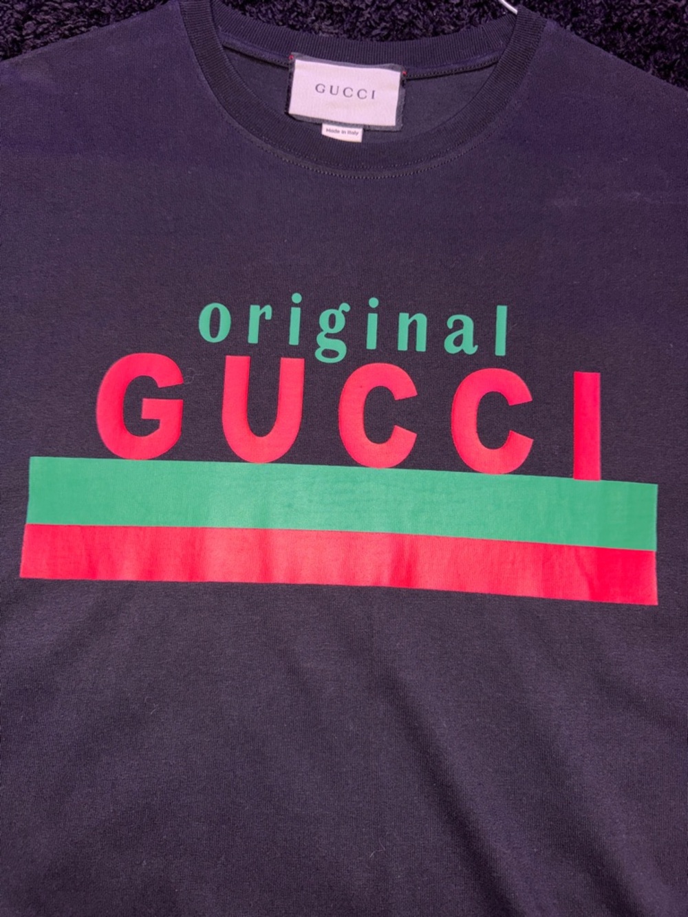 Gucci Black Tee with Red & Green Graphic